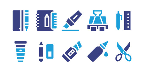 Stationery icon set. Vector illustration. Containing pencil case, stationery, felt tip, paperclip, office tools, paint, cutter, glue, scissors