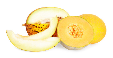 Tasty colorful ripe melons on white background