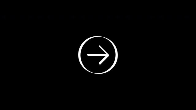 right arrow in circle hand drawn animation.white animation isolated on black background.