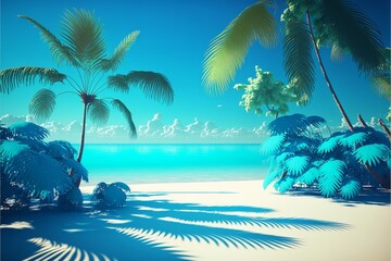 Fototapeta na wymiar Summer beach with palm trees and palm leaves with extreme blue color sky. Summer beach in blue sky with palm trees.