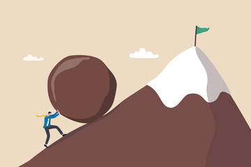 Perseverance, grit or persistence to push effort to success, resilience and strength to keep pushing and achieve goal and success concept, ambitious businessman pushing heavy boulder to mountain peak. - obrazy, fototapety, plakaty