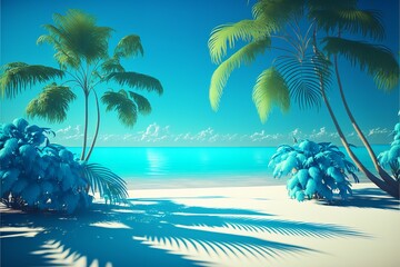 Summer beach with palm trees and palm leaves with extreme blue color sky. Summer beach in blue sky with palm trees.