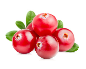 Obraz premium cranberries with leaves on a white isolated background close-up