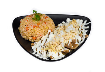 Chilaquiles with rice Mexican sauces chili peppers and cherry tomatoes top view isolated on white background