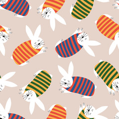 Funny white rabbits in colorful sweater hand drawn vector illustration. Cute Easter or Christmas bunny in flat style seamless pattern for kids fabric or wallpaper.