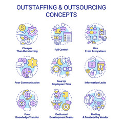 Outstaffing and outsourcing concept icons set. Hiring contract employees remotely idea thin line color illustrations. Isolated symbols. Editable stroke. Roboto-Medium, Myriad Pro-Bold fonts used