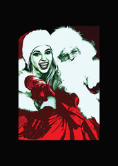 Couple Santa Illustration Creative Poster Image, Santa Claus and Mrs. Claus Vector cartoon of Santa Claus and his wife taking a Christmas picture together.