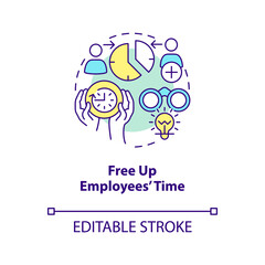 Free up employees time concept icon. Outsourcing service advantage abstract idea thin line illustration. Balanced workload. Isolated outline drawing. Editable stroke. Arial, Myriad Pro-Bold fonts used