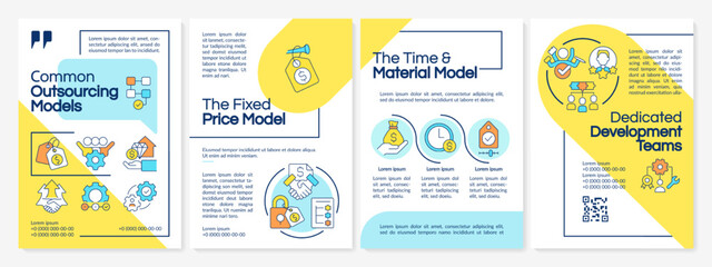 Outsourcing contracts types blue and yellow brochure template. Leaflet design with linear icons. Editable 4 vector layouts for presentation, annual reports. Questrial, Lato-Regular fonts used