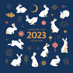 Lunar New Year 2023 rabbits collection. Vector cartoon illustration of 12 white rabbits in different actions surround by natural and abstract objects in Chinese graphic style. Isolated on background