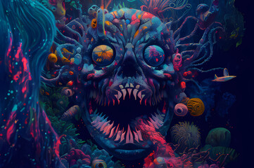 Fluorescent Dreamy Mystical colorful glowing fantasy world Imagination of start of mind
