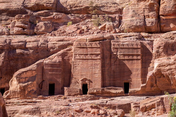 Facades Street caves in the ancient city of Petra City, Jordan Petra, famous historical and...