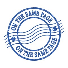 ON THE SAME PAGE, text written on blue postal stamp.