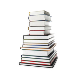 Stack of hardcover books on white background