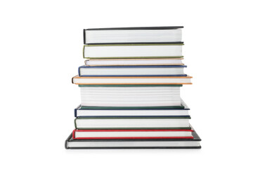 Stack of hardcover books on white background