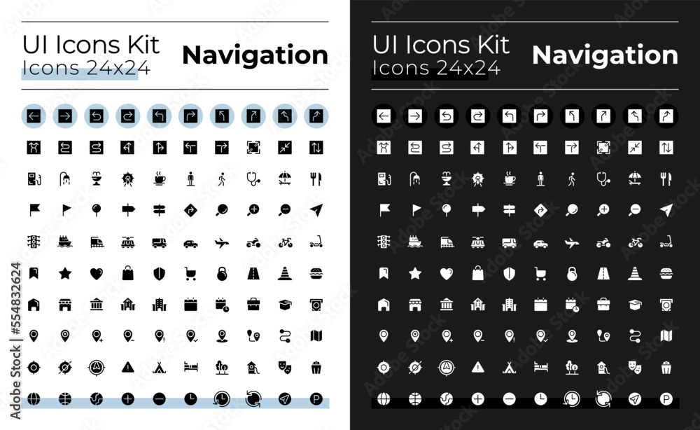 Poster gps and navigation glyph ui icons set for dark, light mode. pin location. silhouette symbols for nig