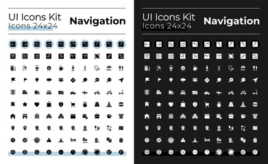 GPS and navigation glyph ui icons set for dark, light mode. Pin location. Silhouette symbols for night, day themes. Solid pictograms. Vector isolated illustrations. Montserrat Bold, Light fonts used © IMG visuals icons