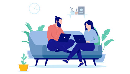 Couple working from home - Man and woman sitting in couch with laptop in lap doing remote work together. Flat design vector illustration with white background