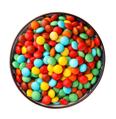 Bowl with colorful candies isolated on white, top view