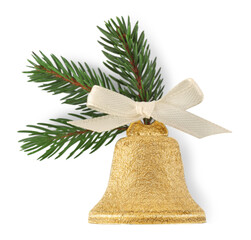 Golden shiny bell with bow and fir branch isolated on white. Christmas decoration