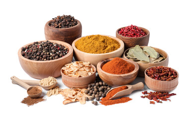 Bowls with different spices on white background