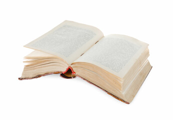 Open old hardcover book isolated on white