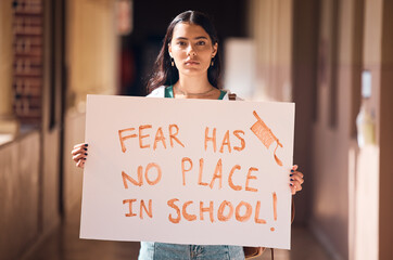 Woman, protest and poster for gun safety, stop fear in school and students freedom, government law...