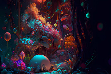 Naklejka premium Fluorescent Dreamy Mystical colorful glowing fantasy world Imagination of start of mind 