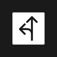 Straight and turn left traffic sign dark mode glyph ui icon. Destination. User interface design. White silhouette symbol on black space. Solid pictogram for web, mobile. Vector isolated illustration