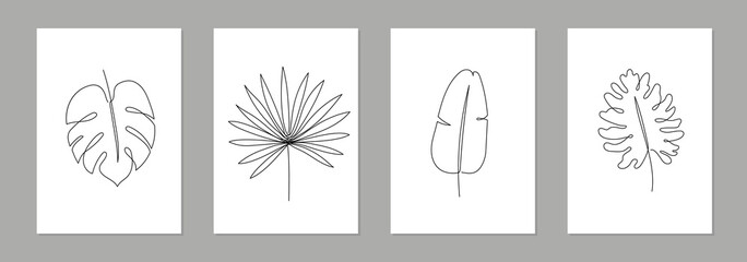 One line art tropical floral leaf poster set. Single continuous line monstera, fern, palm leaf minimal design background. Botanical abstract art for print, wallpaper. Vector illustration