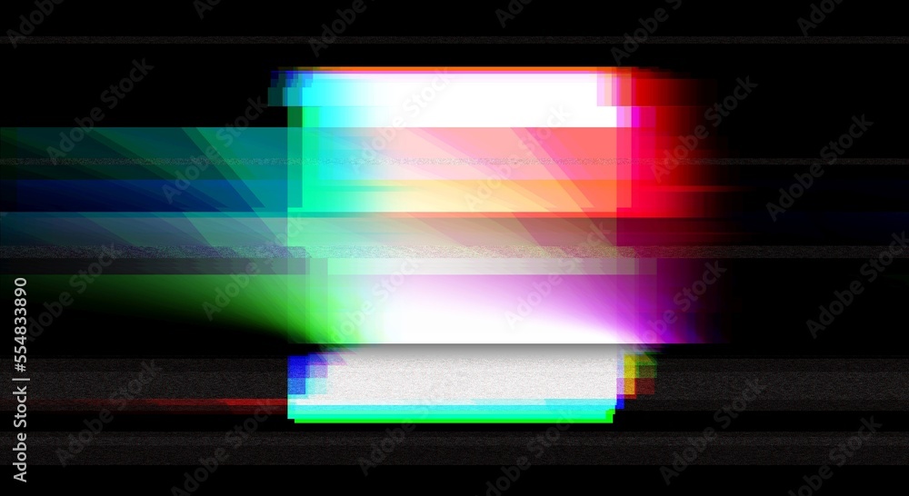 Poster multicolored glitched square geometric shape with noise, scanlines and screensclices on black backgr