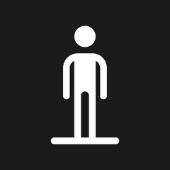 Standing pedestrian dark mode glyph ui icon. Person waiting to cross road. User interface design. White silhouette symbol on black space. Solid pictogram for web, mobile. Vector isolated illustration
