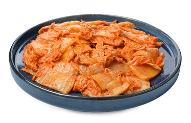 Plate of delicious kimchi with Chinese cabbage isolated on white