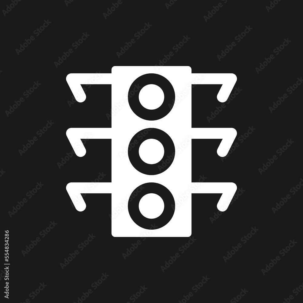 Sticker Traffic light dark mode glyph ui icon. Crossing intersection. User interface design. White silhouette symbol on black space. Solid pictogram for web, mobile. Vector isolated illustration