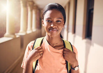 Happy, university and black woman student portrait at educational building in Chicago, USA. College...