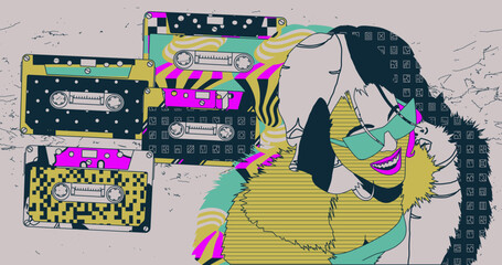 Fashion minimal illustration. Disco party girl. Dj, music, retro lover concept