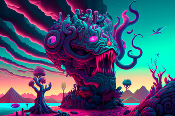 Fluorescent Dreamy Mystical colorful glowing fantasy world Imagination of start of mind