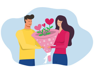 happy  man giving flower heart to his beautiful girlfriend Couple celebrating valentine's day vector Illustration