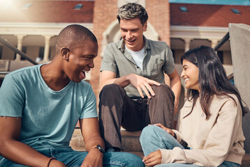 University, students and diversity friends laughing at campus building outdoor in break, happiness...