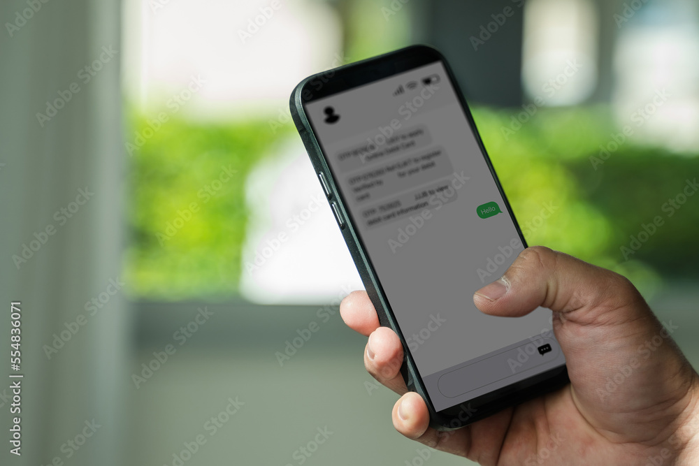 Poster man sending text message and sms with smartphone communication text message using mobile phone onlin
