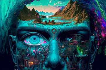 Fluorescent Dreamy Mystical colorful glowing fantasy world Imagination of start of mind