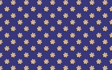 Christmas cookie pattern. Dark blue seamless background. Snowflake shaped gingerbread cookie, minimal print for new year card. Happy new year and merry christmas concept