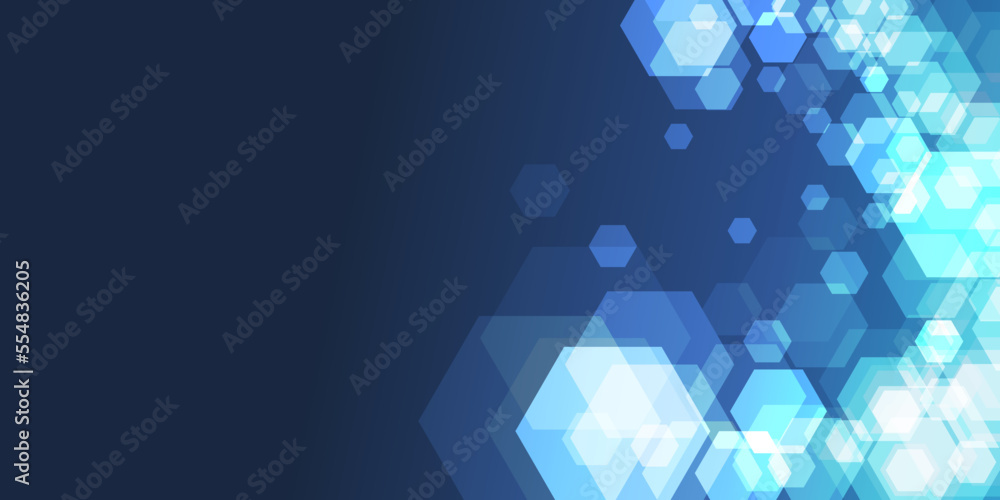 Poster blue and white hexagon glowing ice cold crystals pattern background with copyspace, place, room for 