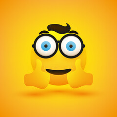 Fototapeta premium Positive, Smiling Very Satisfied Young Nerd Emoji with Round Glasses Showing Double Thumbs Up on Yellow Background - Vector Symbol Design for Web, Social Media and Instant Messaging Apps
