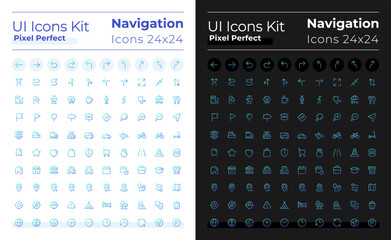 GPS and navigation pixel perfect gradient linear ui icons set for dark, light mode. Line contour user interface symbols. Vector isolated outline illustrations. Montserrat Bold, Light fonts used