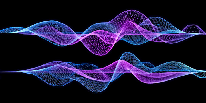 Illustration of abstract blue purple wireframe sound waves, visualization of frequency signals audio wavelengths, conceptual futuristic technology waveform background © MikeCS images