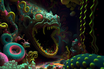 Obraz premium Fluorescent Dreamy Mystical colorful glowing fantasy world Imagination of start of mind