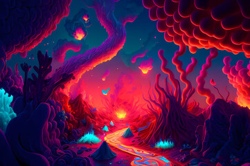 Fluorescent Dreamy Mystical colorful glowing fantasy world Imagination of start of mind