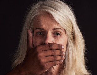 Woman, portrait and hand on mouth for silence, abuse or violence for danger, depression or fear in...