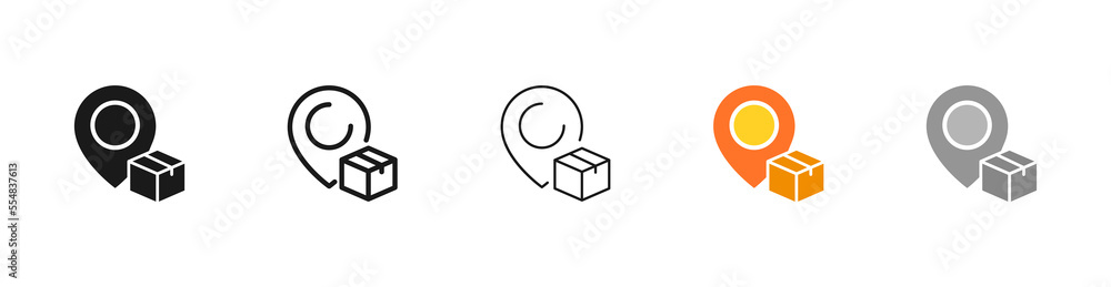 Poster pointer with open box icons for packaging or delivery and shipping, open package, unbox in black. fo